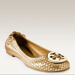 Tory Burch Embossed Snake Gold Metallic Reva EUC Size 7